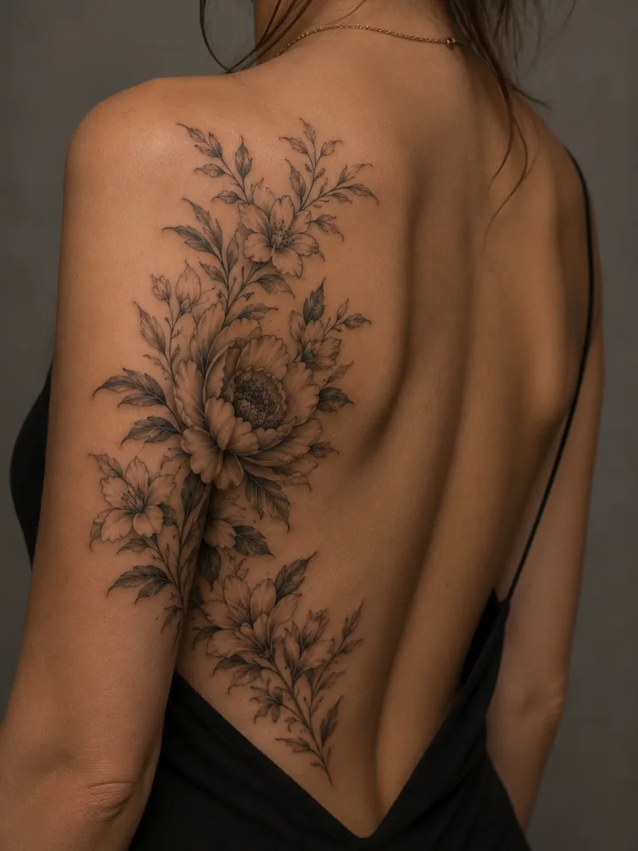 Fine line botanical tattoo placement inspiration across a back