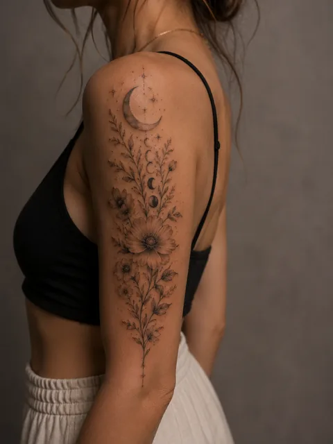 Botanical tattoo style inspiration on an upper arm