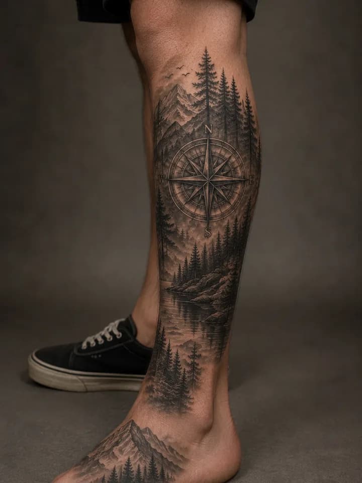Mountain and compass blackwork tattoo placement inspiration on a calf