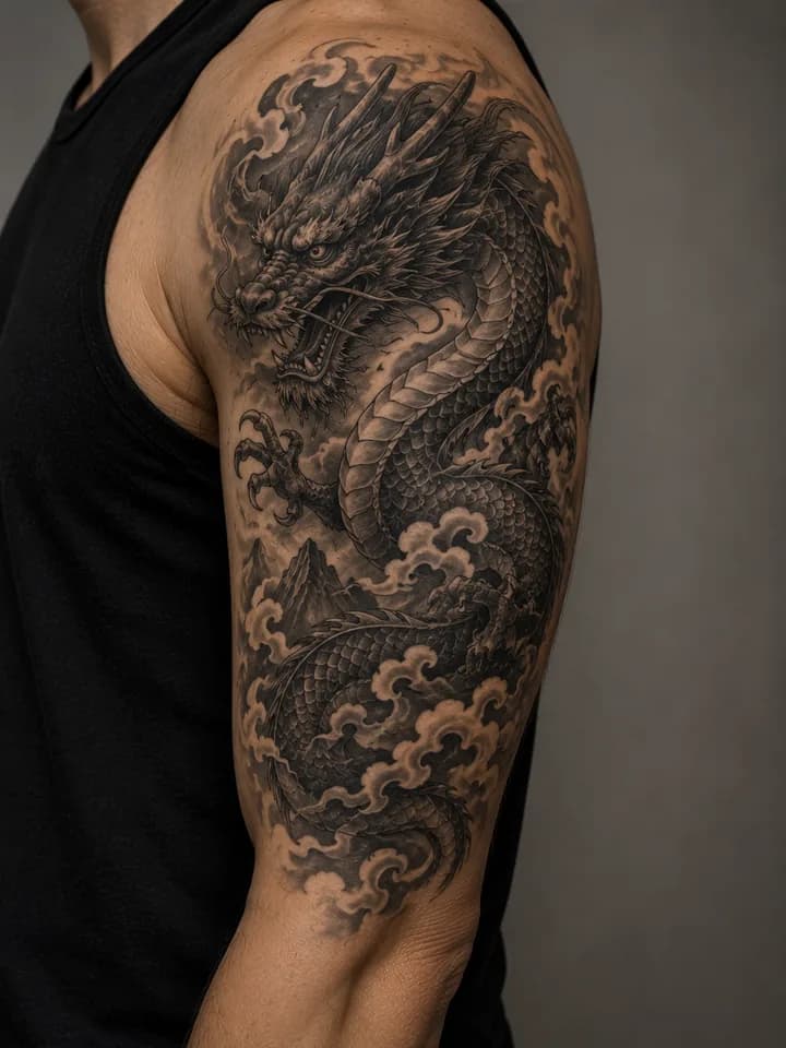 Dragon and waves Japanese-inspired tattoo placement inspiration on an upper arm