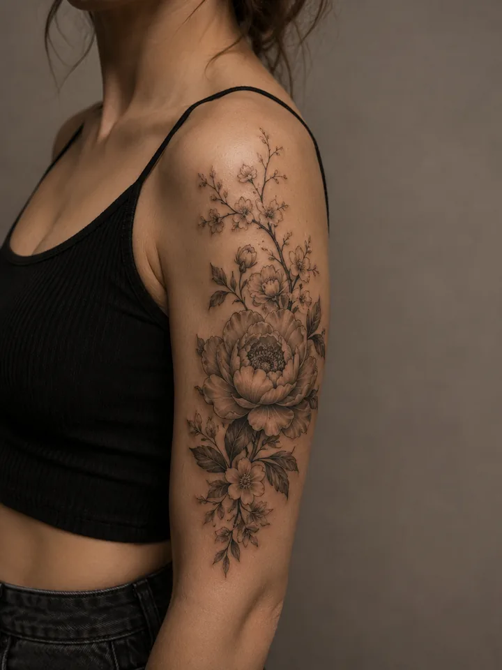 Fine line botanical tattoo placement inspiration on an upper arm