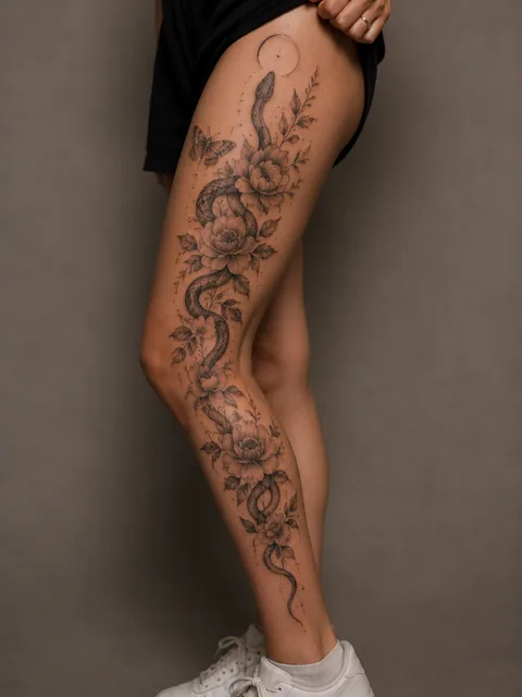 Fine line floral tattoo style inspiration along a leg