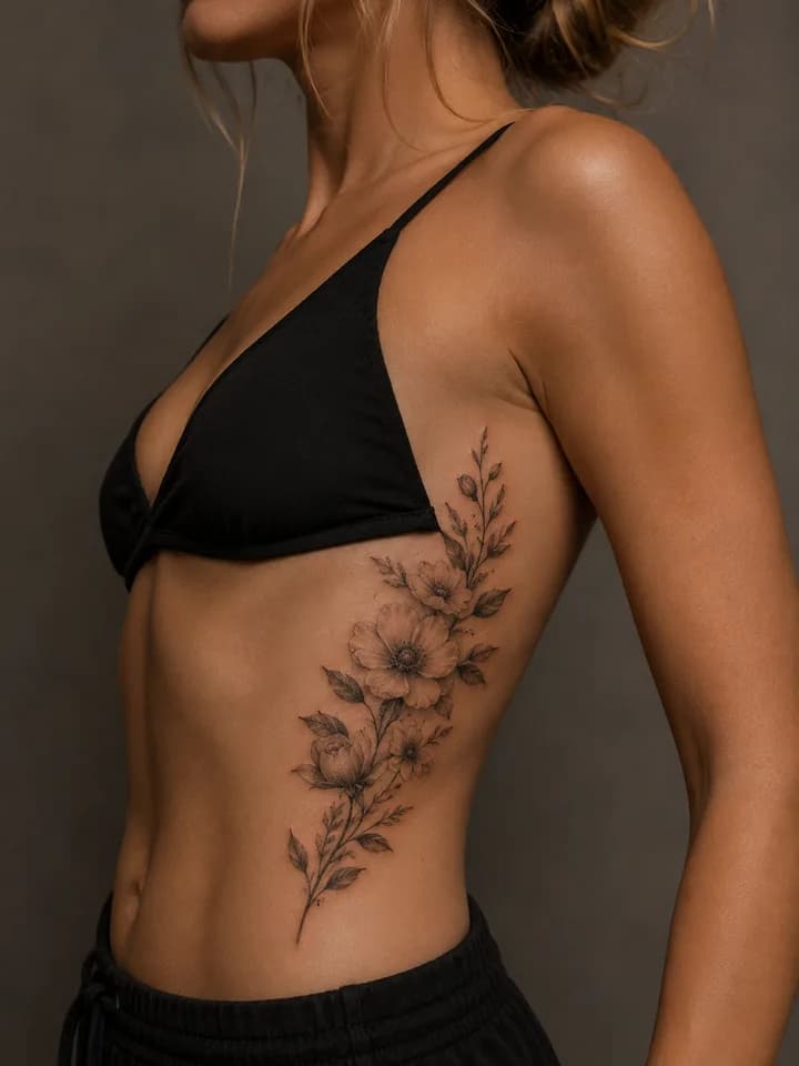 Fine line floral tattoo placement inspiration along the side body