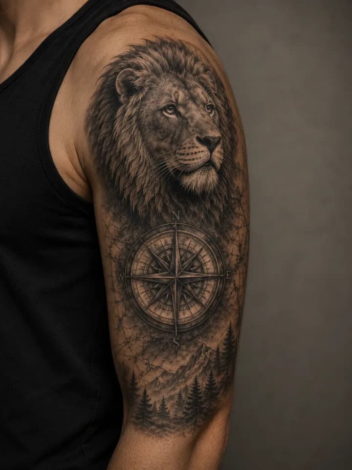 Lion and compass realism tattoo placement inspiration on an upper arm