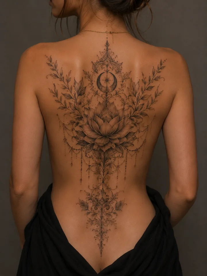 Ornamental lotus tattoo placement inspiration across a back