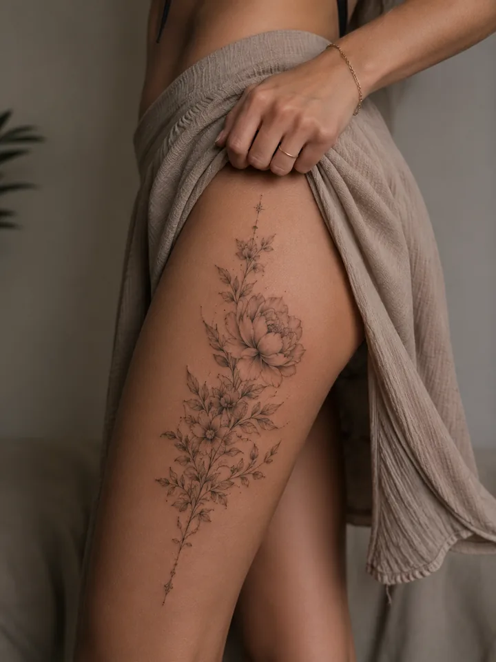 Ornamental lotus tattoo placement inspiration on a thigh