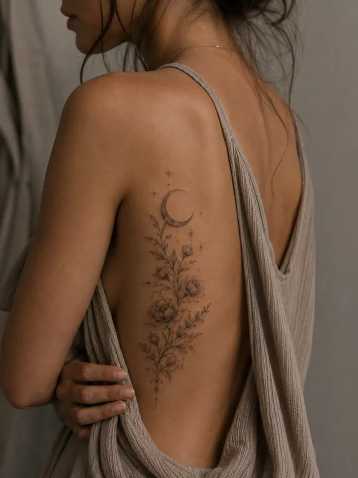 Moon and botanical ornamental tattoo placement inspiration on an upper arm