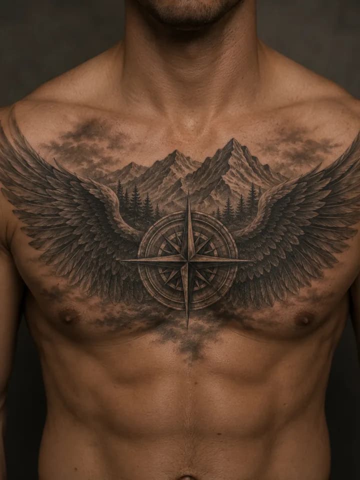 Winged mountain blackwork tattoo placement inspiration across a chest