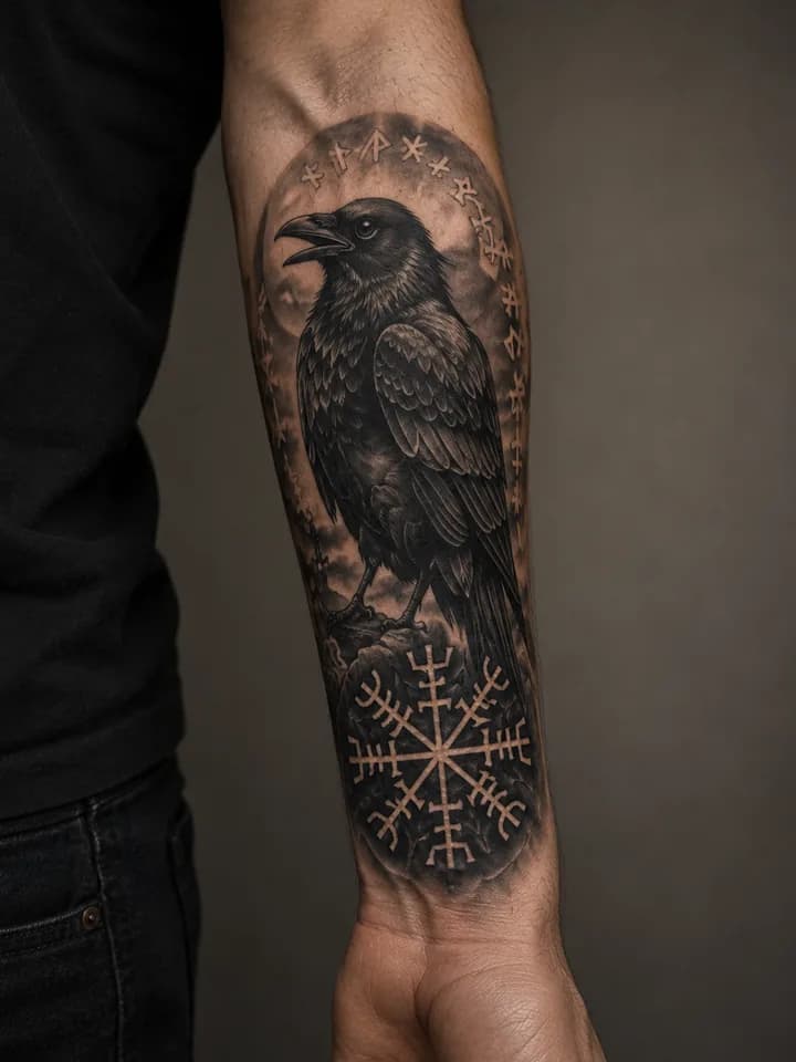Moonlit raven illustrative tattoo placement inspiration on a forearm