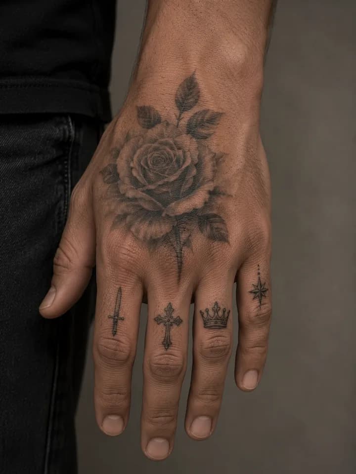 Fine line rose tattoo placement inspiration across a hand