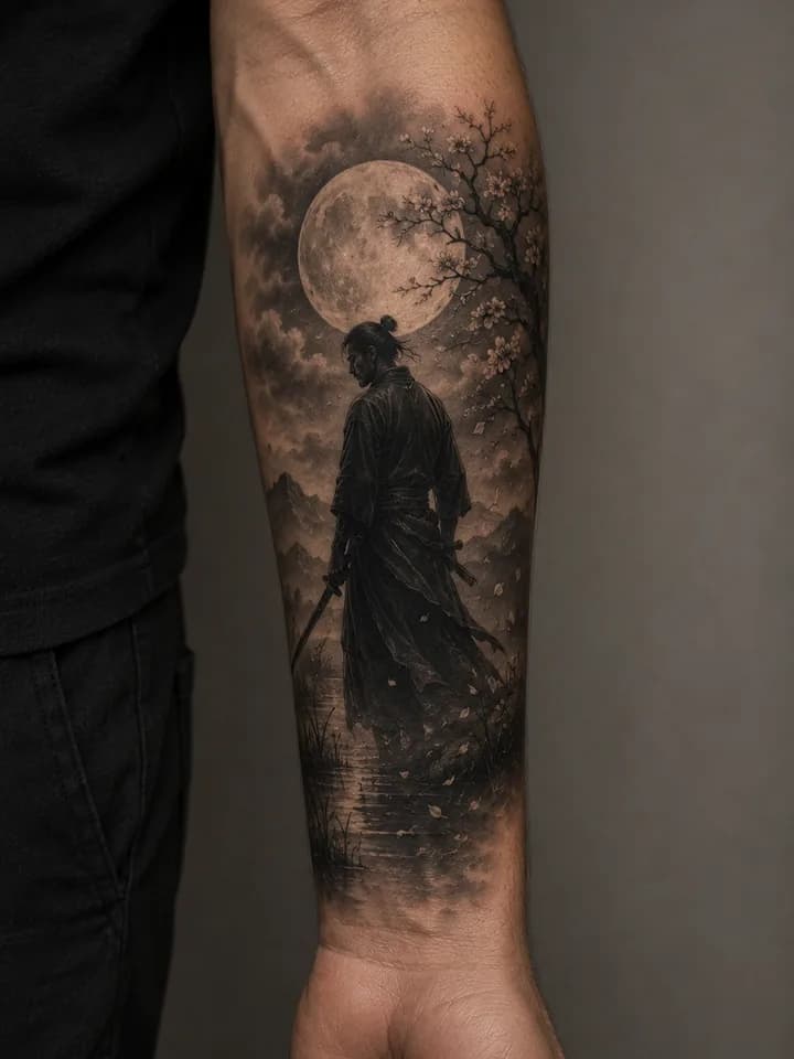 Illustrative samurai tattoo placement inspiration on a forearm