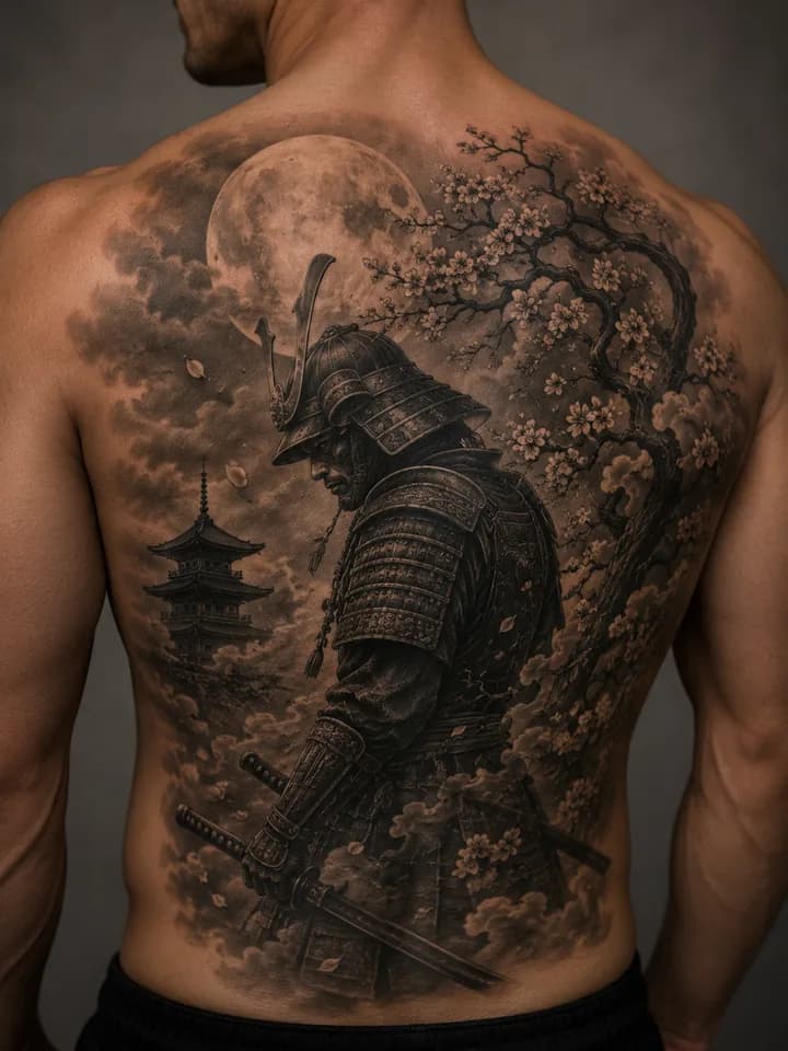Illustrative samurai tattoo placement inspiration across a full back