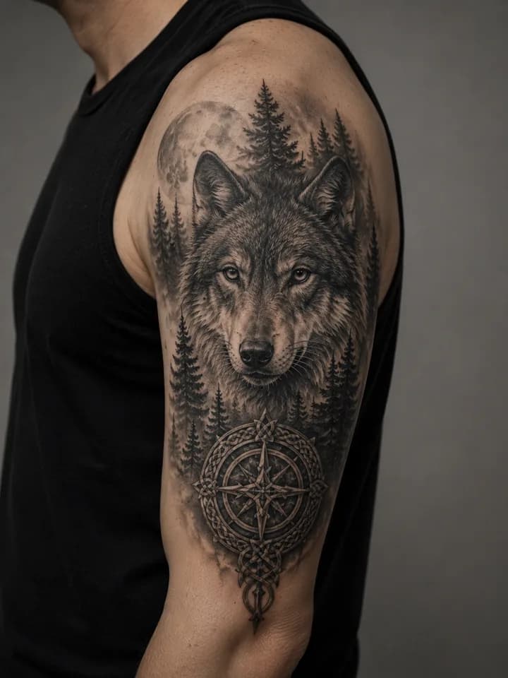 Forest wolf blackwork tattoo placement inspiration on an upper arm