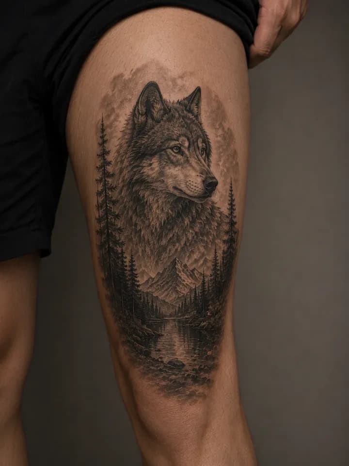 Wolf and forest tattoo placement inspiration on a thigh